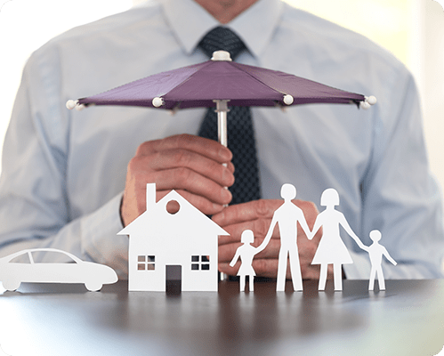 Umbrella over cut outs of a family, home, and car insurance in Salisbury, NC